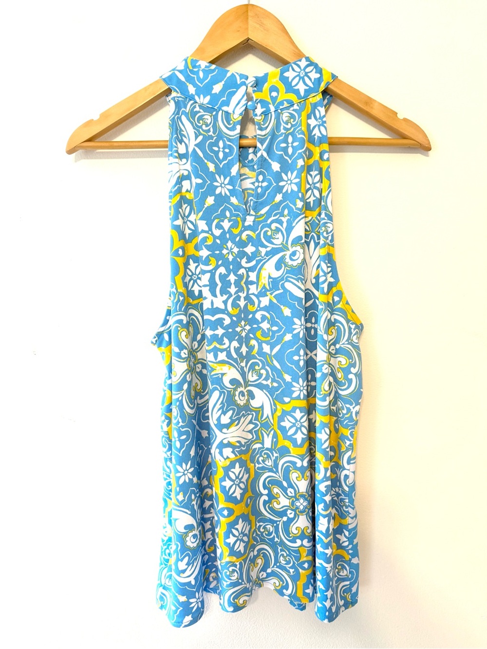 Ann Taylor Blue Yellow Tile Halter Top Blouse Petite Large Amalfi Resort Cruise - Picture 13 of 13
